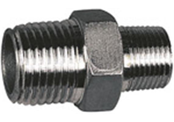 Double threaded nipple reducing, hexagonal, G1/2male - G3/8male, stainless steel 1.4408